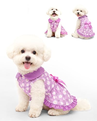 Image of CuteBone Spring Daisy Pet Dress with Peter Pan Collar - Purple Floral Pattern - Sleeveless Ruffled Skirt with Bow for Small Dogs, Cats - Casual & Garden Wear