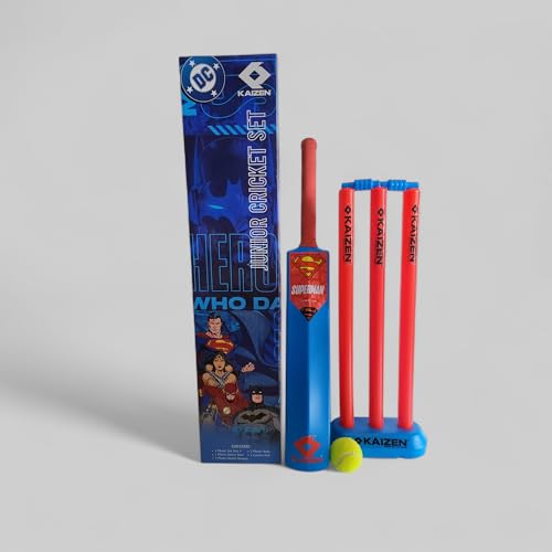 Image of Kaizen Superman Junior Cricket Set for Kids - Superman-Themed Cricket Kit with Bat, Ball, 3 Stumps, Base & 2 Bails - Lightweight Plastic Outdoor Cricket Toy for Boys & Girls (Age 3+)