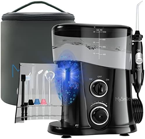 MySmile 1000ML Countertop Water Dental Flosser Teeth Cleaner 10 Settings Electric Power Oral Irrigator with UV Sanitizer Light Storage Bag and 7 Jet Tips