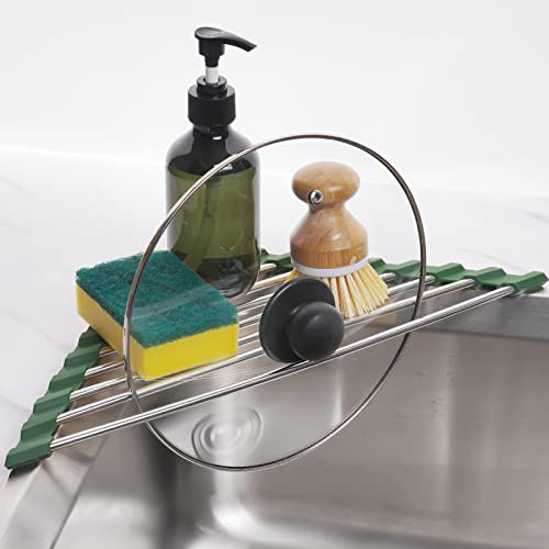Tomorotec Triangle Roll-Up Dish Drying Rack for Sink Corner Small Foldable Stainless Steel Over The Sink Multipurpose Kitchen Drainer Caddy Organizer Storage Shelf Holder (Olive Green) by Tomorotec - Image 9