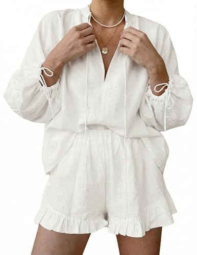 Image of Womens Ruffle Pajamas 2 Piece Cotton Linen Shorts Sets Long Sleeve Tie Front Vacation Outfits Matching
