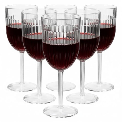Taylor & Brown Set of 6 Reusable Plastic Wine Glasses with Stem 350ml Clear Ribbed Unbreakable Drinking Cup Tumbler for Outdoor Indoor Party Picnic Camping Cocktail Champagne Juice Water