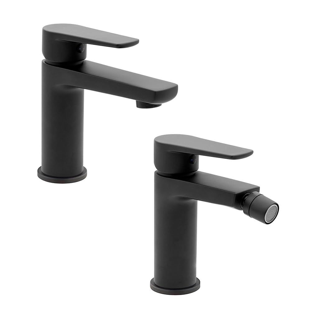 Set miscelatori lavabo e bidet nero opaco in ottone, piletta di scarico e flessibili di collegamento inclusi, serie ERIKA
