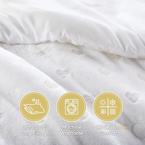 Image of Intelligent Design Queen Comforter Set, 4 Piece Metallic Hearts Bedroom Set for Girls, Queen Bed Set Soft Plush Comforter, Rosalie All Season Fluffy Bedding Set, Full /Queen, White /Gold 4 Piece