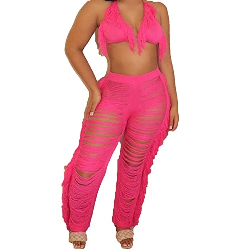 JEShifangjiusu Women Crochet Cover Up Pants Hollow Out Ripped Tassel Fringe Wide Leg Pant Loose Solid Straight Trouser