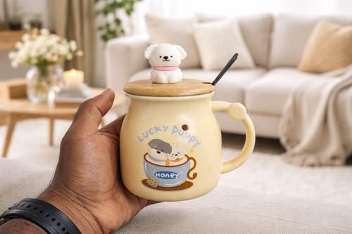 Image of Coffee Mug, Gift for Woman, Birthday Present for Girlfriend, Present for Wife Birthday, Mugs for Present, Holi Gifts, Panda Mug with Lid & Spoon (Lucky Puppy)