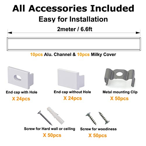 hunhun 10-Pack 6.6ft/ 2Meter Plus-Size U Shape LED Aluminum Channel System with Milky Cover, End Caps and Mounting Clips, Aluminum Profile for LED Strip Light, Special for Philips Hue Strip - Thumbnail 2