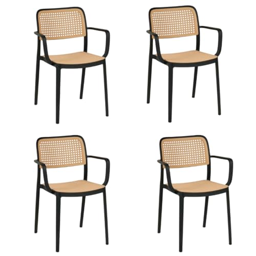 Image of Creative Rattan Dining Chair with Arms, Black Frame and Cane Weave, Indoor Accent Chair with Woven Back and Seat (Pack of 4)