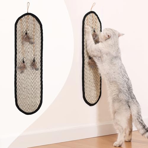 Furrther Boho Sisal Cat Scratcher Mat with Hook and Loop Strips (Scratch Protector for Carpet, Sofa, Wall and Furniture), Durable and Shedding-Resistant Surface (Oval Medium, Fishbone)