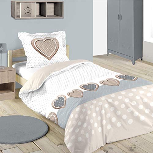 Housse de Couette Julie Cœurs, Blanc/Marron, 140x200cm, 1 Personne, 100% Coton Cover