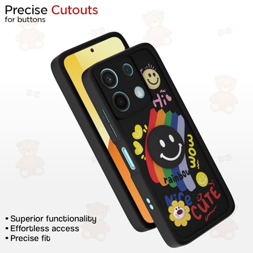 Image of Pikkme Back Cover for Redmi Note 13 5G | Soft Silicone| Cute Rainbow Smile & 3D Cartoon Flower Design | Shockproof Raised Camera Protection Bumper Case (Black)