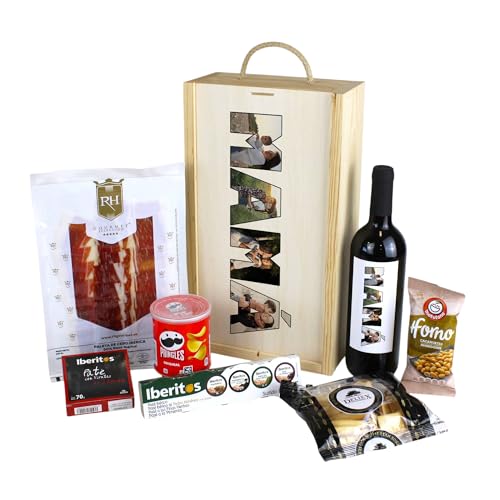 Caja Regalo Aperitivos Personalizada con Fotos MAMÁ Caja Regalo Día de la Madre Cumpleaños Aniversario (Vino Blanco)