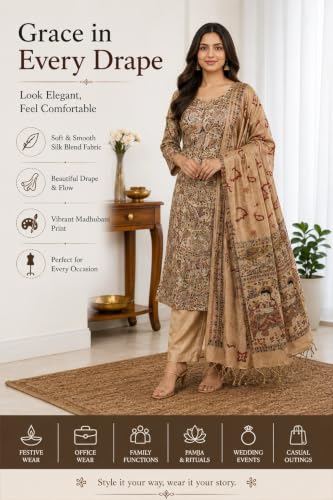 Image of HAIDER ALI AND SONS Madhubani Print Unstitched Suit Set for Women | Silk Blend Dress Material with Dupatta | Ethnic Salwar Suit Fabric | Traditional Indian Wear | Festival, Office | Brown