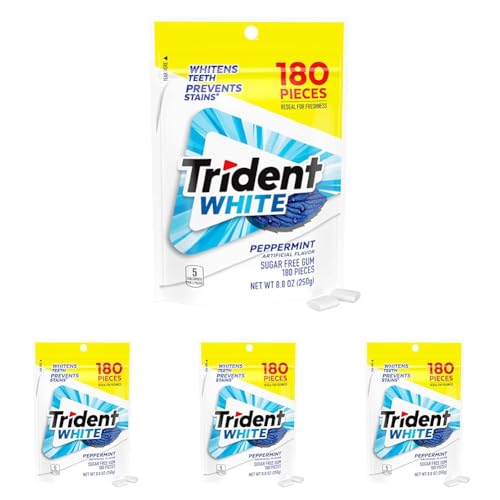 Image of Trident White Sugar-Free Chewing Gum with Xylitol, Peppermint, 180 Piece Bulk Resealable Bag (Pack of 16)