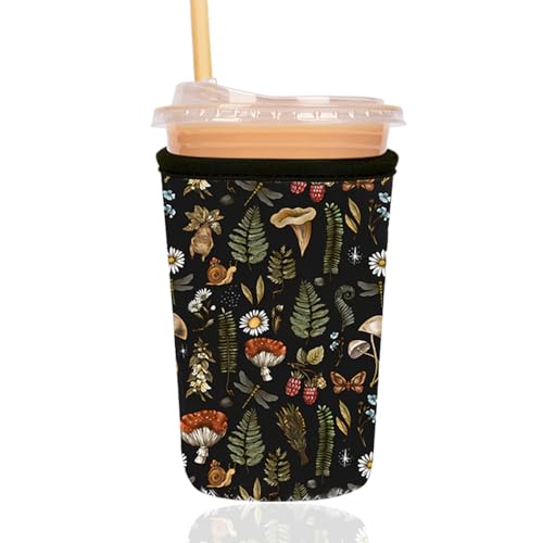 Image of Reusable Insulated Sleeve for Iced Coffee Cup, Coffee Neoprene Sleeve for Cold & Hot Drinks, Beverage Holder for Iced Coffee (Mushroom Mirage, Medium: 22-24oz)