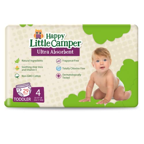 Naturalena Brands UK Limited Happy Little Camper X Hilary Duff - Pañales naturales hipoalergénicos para bebé con mezcla de bionúcleo y protección fuerte sin cloro y látex, tamaño 4, 29 unidades