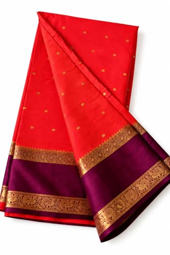 Image of Mysore Silk Crepe Saree, Orange with Bargandi Combination Border, Zari Butta, Soft and Silky, Semi Mysore Crepe