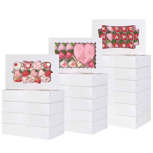 TOMNK 60pcs Bakery Boxes, 12x8x2.5 Inches 3 Style Cookie Boxes, Treat Containers with Window for Candies, Chocolate Strawberries, Cakes, Muffins, Donuts
