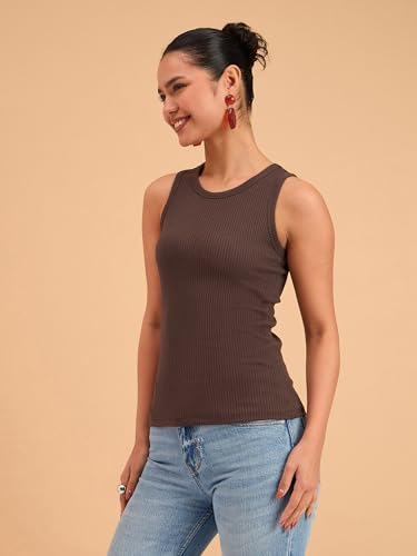 Image of barcino Beige Ribbed Round Neck Tank Top