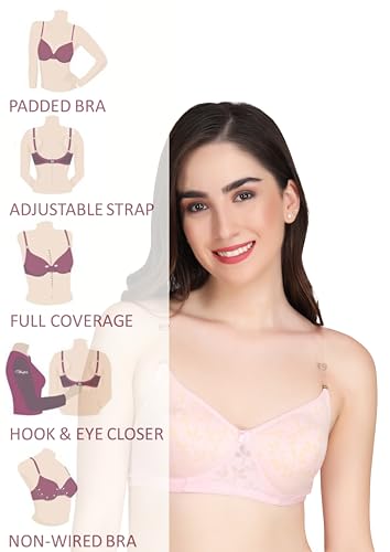 Image of Flower Print Bra for Women - Made of Pure Cotton Full Coverage Non Wired Pushup Soft Cup for T-Shirt Saree Dress Sports Garment for Daily Use Everyday