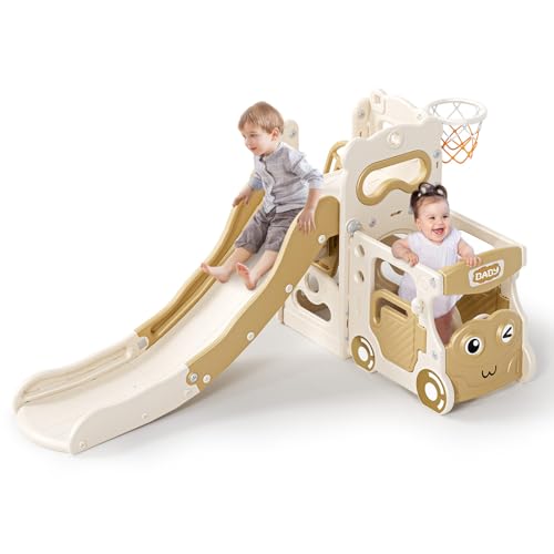 Image of Lischwert 5 in 1 Toddler Slide, Indoor Slides Playground Set for Kids, Outdoor Slide Freestanding Playset, Toddler Playground with Basketball Hoop, Bus Playhouse and Climber for Kids Age 1+