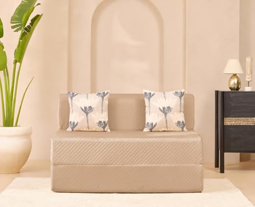 Image of uberlyfe Xtra High, Xtra Soft 2 Seater (4' x 6') Sofa Cum Bed | 1 Year Warranty | 17 inch Sofa Height |Twin Size Foldable Bed | Plush Laser Quilted Fabric |2 Cushions Bloom Pattern | Champagne Beige Color