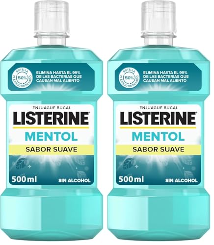 Listerine Enjuague Bucal, Mentol Sabor Suave, Sin Alcohol, Para uso Diario, Aliento Fresco Duradero, 500ml (Paquete de 2)