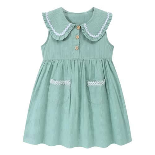 Image of HILEELANG Girls Cotton Dress Sleeveless Peter Pan Collar with Pockets