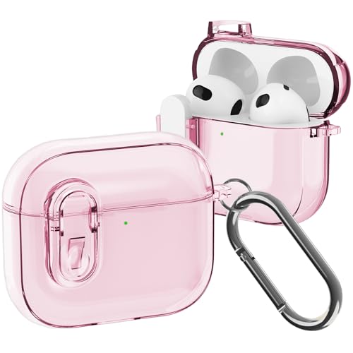 Ysnzaq Kompatibel mit AirPods 4 2024 Durchsichtig Hülle, Klarsichthülle mit Karabiner Stoßfeste LED Sichtbar Kabelloses Laden Cover für AirPods 4th Generation.BJ Pink