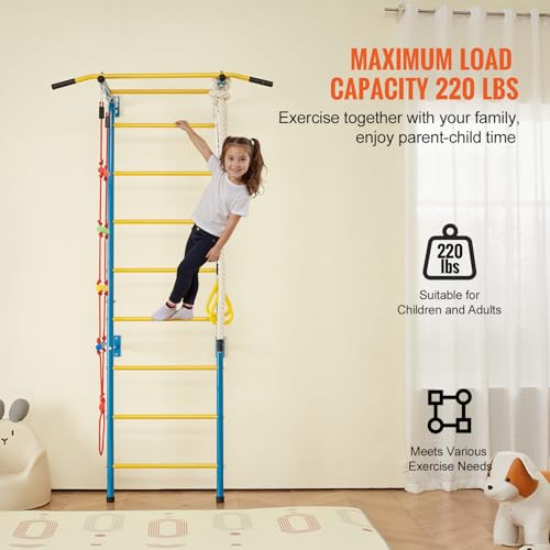 VEVOR Sprossenwand Turnwand Klettergerüst für Kinder (ab 3 Jahren), 5-in-1-Set mit schwedischer Leiter aus Karbonstahl, Klimmzugstange & Strickleiter & Turnringen 100 kg belastbar mehrfarbig
