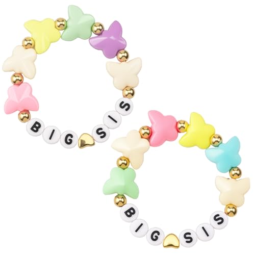 2pcs Big Sister Bracelets Butterfly Charm Colorful Rainbow Letter Beads Bangles Surfer Stretch Stackable Jewelry Accessories Gift for Big Sis Bestie Birthday