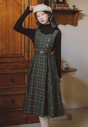 Sleeveless Plaid Belted Dress for Women Fall Winter Wool Elegant Midi Overall Pinafore Apron Dress2