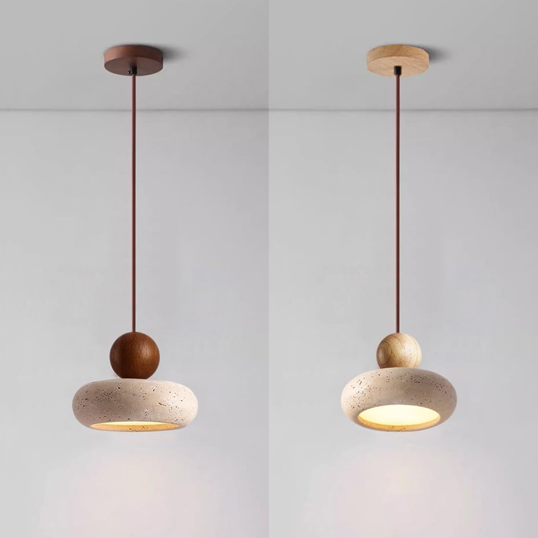 LED Lámpara Colgante De Travertino Amarillo Estilo Wabi-Sabi Bola Redonda Madera Luz Colgante De Piedra Natural Lámpara De Araña Pequeña Para Dormitorio Noche Sala De Estar Comedor Bar Cafetería(B)