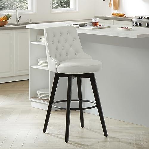 Image of Watson & Whitely Swivel Bar Stools with Back, Faux Leather in White | 30 inch H Bar Height Barstools, Set of 2, Solid Wood Legs