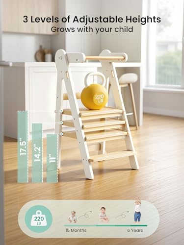 Image of Grownsy Foldable Step Stool Toddler Tower, Toddler Kitchen Stool Helper, Collapsible Kids Standing Tower with 3 Adjustable Heights for Kitchen Bathroom Sink Counter (White)