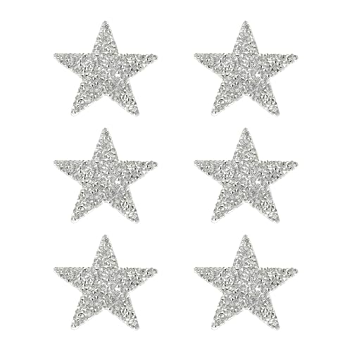 PATIKIL Iron on Star Patches, 6pcs Adhesive Applique Stars Silver Rhinestone Glitter Crystal Stickers Patch Fabric Embellishments for DIY Crafts Clothing Jeans Repair, Silver White 6cm
