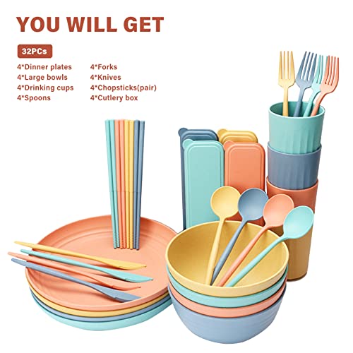 Conjunto de louça de palha de trigo de grau alimentício 32 peças Microondas lava-louças freezer prat