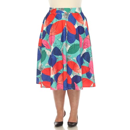 white mark Women's Plus Size Leaf Print Vintage Flared Midi Skirt