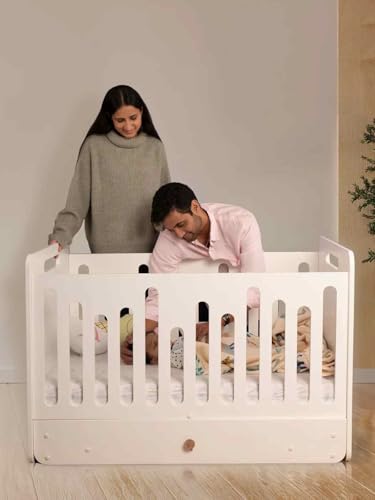 Image of Waddle & Roo The Treasure Baby Cot with Storage Drawer and Mattress | Wooden Crib for Nursery | Non-Toxic Painted HDF | Underbed Compartment | Size 120 x 60 x 75 cm | White