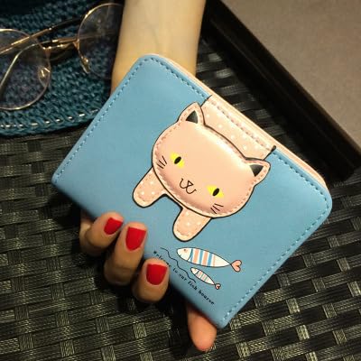 Women's Small Wallet with Cute Cat Pattern – Card Organizer Clutch Purse & Coin Holder (Blue)2