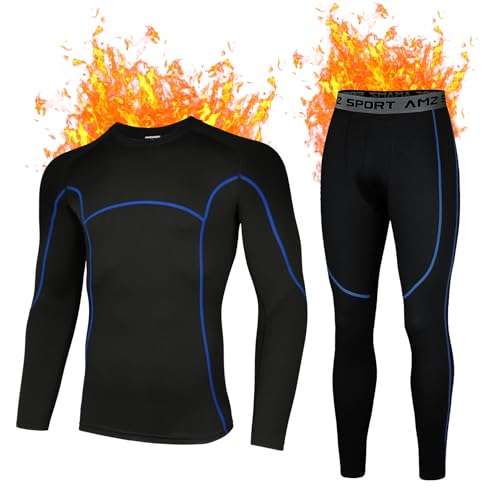 AMZSPORT Intimo Termico Uomo Set di Maglietta e Pantaloni a Compressione Asciugatura Rapida per Sci Palestra Ciclismo Calcio Corsa, NeroBlu M
