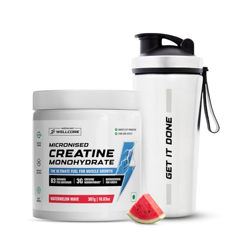 Image of Wellcore Pure Micronised Creatine Powder With Shaker (83 Servings, Watermelon Wave) For Enhanced Muscle Strength With Rapid Absorption | Creatine Monohydrate | Wellcore Creatine Flavoured - 307g