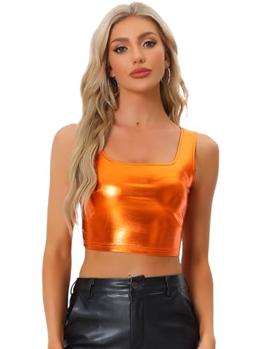 Haut court métallisé orange, crop top brillant sans manches Allegra K