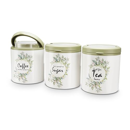 Image of Trueware Lift Up Sugar Tea Coffee Container|Set Of 3| Olive Green|Container|750 Ml Each|Air Tight|Bpa Free|100% Food Grade|Odour Proof|Kitchen Storage|Kitchen Accessories |Plastic,