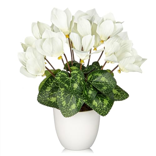 Oairse Fleurs de Cyclamen Artificielles Plante en Pot Fleurs Fausses Soie Plantes en Pot Faux Cyclamen Blanc Composition Florale Décoration pour la Maison...