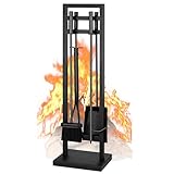 FEED GARDEN Fireplace Tools Set 5 Pieces, 30 Inch Modern Wrought Iron Outdoor Fireplace Accessories Set Long Holder Indoor with Poker, Tongs, Shovel, Brush, Base Black