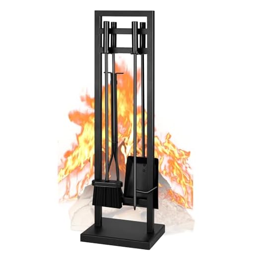 FEED GARDEN Fireplace Tools Set 5 Pieces, 30 Inch Modern Wrought Iron Outdoor Fireplace Accessories Set Long Holder Indoor with Poker, Tong, Shovel, Brush, Base Black