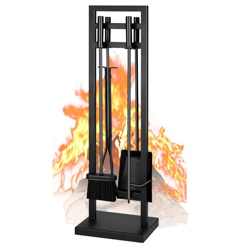 FEED GARDEN Fireplace Tools Set 5 Pieces, 30 Inch Modern Wrought Iron Outdoor Fireplace Accessories Set Long Holder Indoor with Poker, Tongs, Shovel, Brush, Base Black