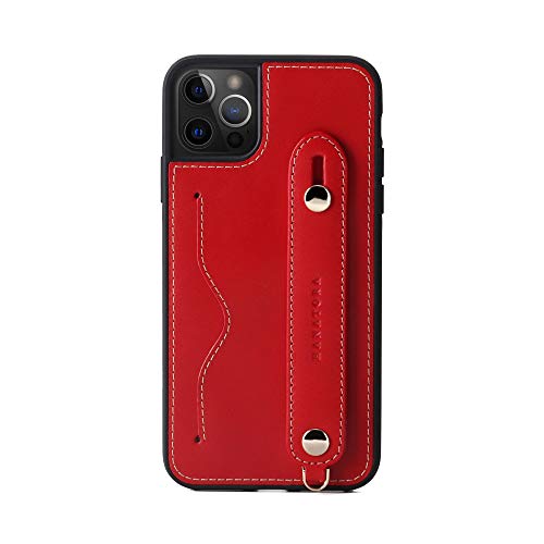 iPhone12 Pro Max ケース 本革 グリップケース レザー ストラップ付属 イタリア製牛革 ヌメ革 片手操作 カード収納 スタンド機能 メンズ レディース レッド CGH-12ProMax-Red
