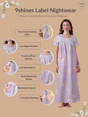 Image of 9shines Label Stylish Chikankari Cotton Nighty Maxi for Women | Full Length Nightgown | Nightdress with Pocket | Embroidery Nighty | Soft Comfortable Cotton Nightwear (1545)